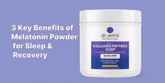 Dr. Emil Nutrition melatonin powder supplement for sleep, mood, and recovery, shown in a clean product scene.