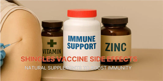 A healthcare professional gives a shingles vaccine while three supplement bottles labeled Immune Support, Vitamin C, and Zinc are placed on a table.