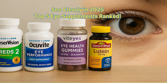Five eye health supplement bottles from top brands are lined up on a wooden surface, with a large brown eye image in the background for visual focus.