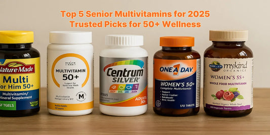 Five top-rated senior multivitamin bottles for adults 50+, neatly arranged on a wooden surface with a beige background for a 2025 health feature.