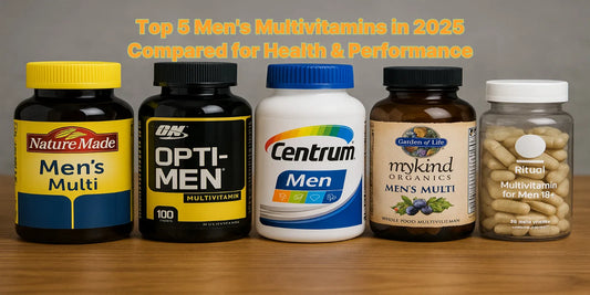 Lineup of five top men's multivitamin bottles on a wooden table, including Nature Made, Opti-Men, Centrum, Garden of Life, and Ritual.