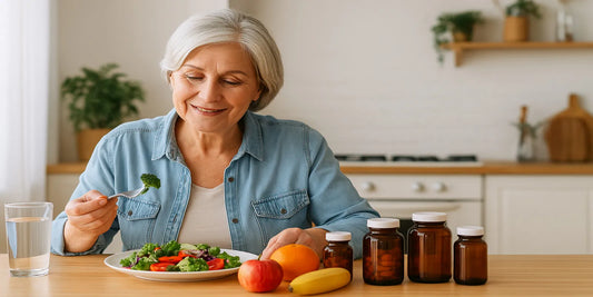 Smiling senior woman eats fresh salad at a kitchen table with fruits and supplement bottles, promoting a safe food-first health approach.