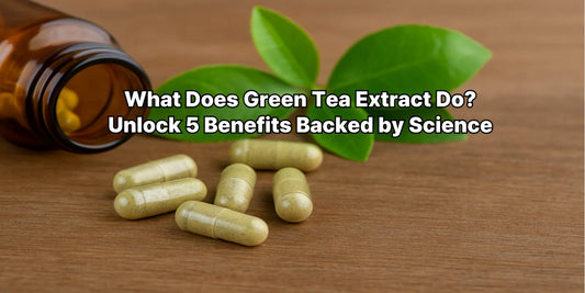 Green tea extract capsules and tea leaves on a wooden surface next to a brown bottle – natural supplement concept for detox and energy.