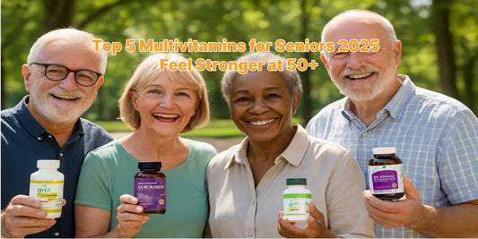 Happy seniors holding multivitamin bottles outdoors, representing vitality, diversity, and healthy aging support with supplements for adults over 50.