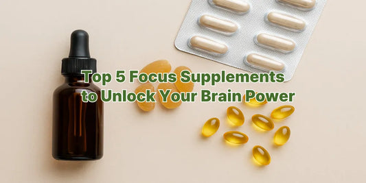 Flat lay of various brain and focus supplements including capsules, gummies, and a dropper bottle on a neutral background.