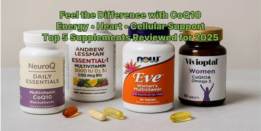 Four CoQ10 supplement bottles with softgel capsules on a neutral background, showcasing daily multivitamin options for heart and energy support.