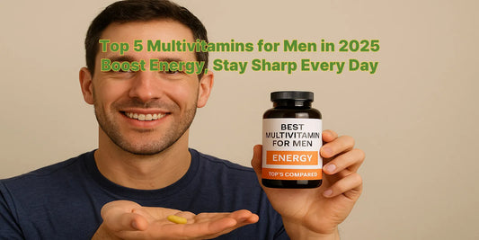 Smiling man holding a bottle of men's energy multivitamins and a yellow tablet, showcasing a top multivitamin pick for energy and vitality in 2025.