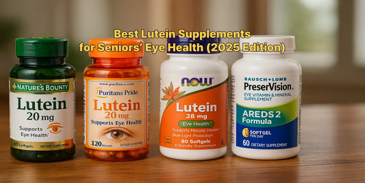 Four top-rated lutein supplements for seniors displayed on a wooden table, promoting eye health and macular protection in 2025.