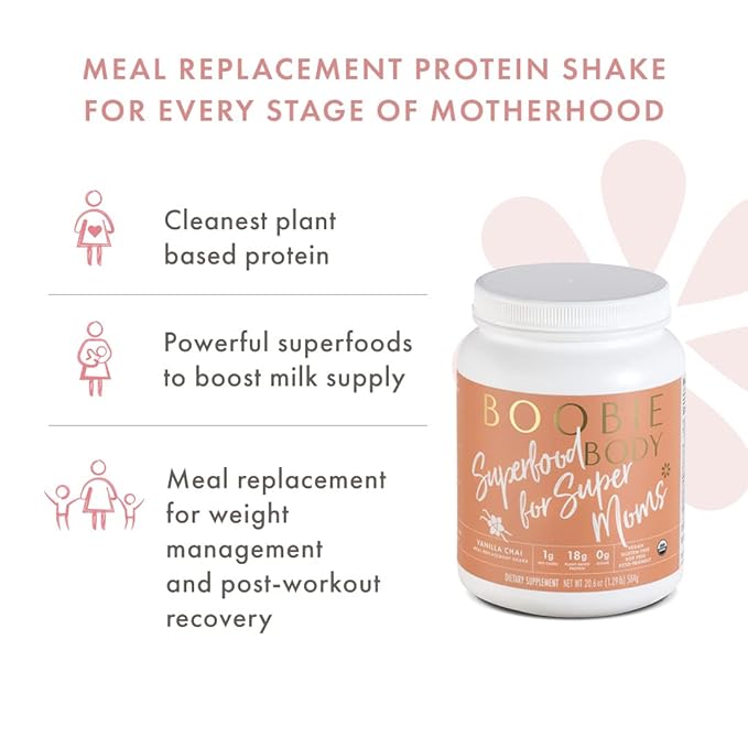 Boobie Body Superfood Protein Meal Replacement Shake, Vanilla Chai Flavor | 19g Protein | Safe For Pregnancy, Lactation, & Motherhood | Organic, Vegan, Zero Sugar, 1 Tub (20 Servings)