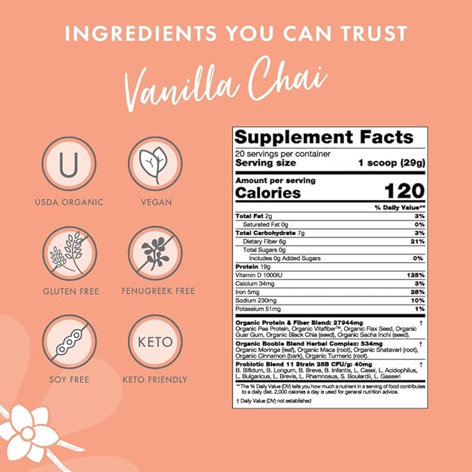 Boobie Body Superfood Protein Meal Replacement Shake, Vanilla Chai Flavor | 19g Protein | Safe For Pregnancy, Lactation, & Motherhood | Organic, Vegan, Zero Sugar, 1 Tub (20 Servings)