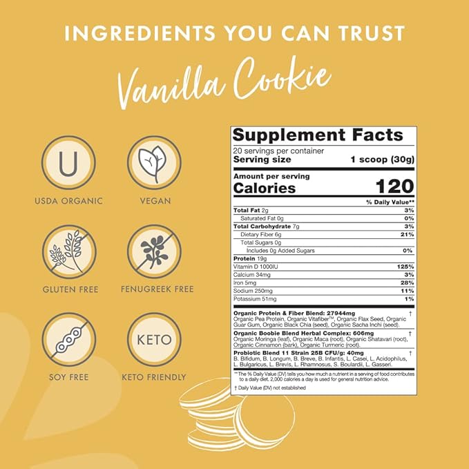 Boobie Body Superfood Protein Meal Replacement Shake, Vanilla Cookie Flavor | 19g Protein | Safe for Pregnancy, Lactation, & Motherhood | Organic, Vegan, Zero Sugar, 1 Tub (20 Servings)