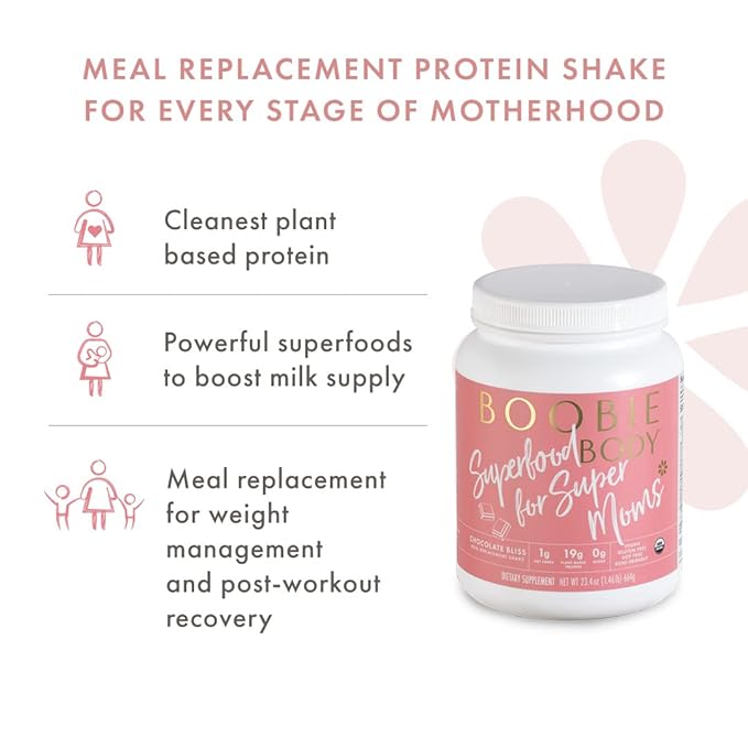 Boobie Body Superfood Protein Shake for Moms, Pregnancy Protein Powder, Lactation Support to Increase Milk Supply, Probiotics, Organic, Diary-Free, Gluten-Free, Vegan - Chocolate Bliss (20 Servings)
