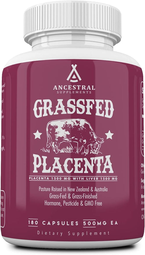 Ancestral Supplements Grass Fed Placenta Supplement with Liver, Contains Postpartum Vitamins for Women Breastfeeding, Promotes Menopause Relief, Stem Cells Support Skin Elasticity, 180 Capsules