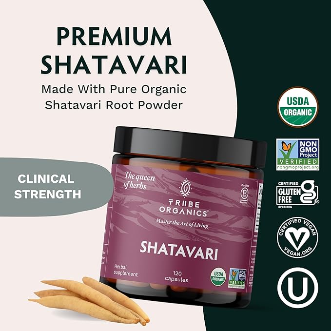 TRIBE ORGANICS Organic Shatavari Herbal Supplement - Hormonal Balance | Women’s Reproductive Health | Lactation | Immune & Inflammatory Support - Non-GMO USDA Organic 120 Vegan Capsules