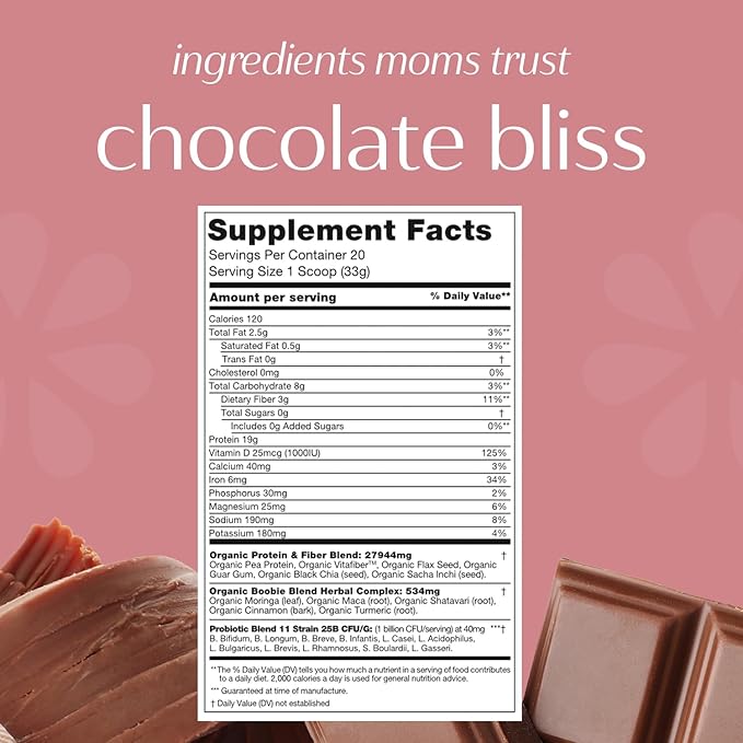 Boobie Body Superfood Protein Shake for Moms, Pregnancy Protein Powder, Lactation Support to Increase Milk Supply, Probiotics, Organic, Diary-Free, Gluten-Free, Vegan - Chocolate Bliss (20 Servings)