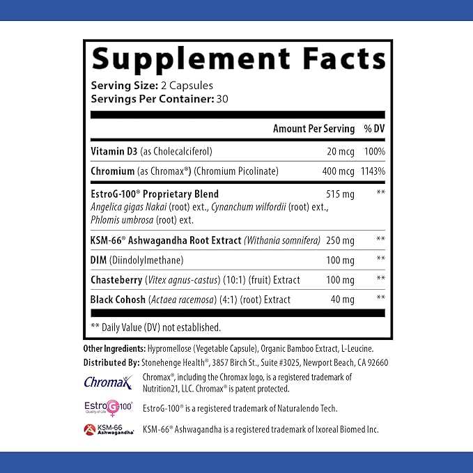 Stonehenge Health for Women Menopause Support for Peri + Menopause + Post - Mood, Energy, Stress, Hot Flashes, Night Sweats, Sleep & Cortisol, Chromax Chromium, Vitamin D3, KSM-66 Ashwagandha Extract
