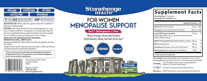Stonehenge Health for Women Menopause Support for Peri + Menopause + Post - Mood, Energy, Stress, Hot Flashes, Night Sweats, Sleep & Cortisol, Chromax Chromium, Vitamin D3, KSM-66 Ashwagandha Extract