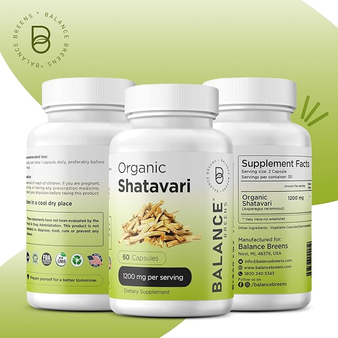 Organic Shatavari 1200mg, 60 Capsules - Lactation Support Vitamins, Hormonal Balance for Women, Asparagus Racemosus Root
