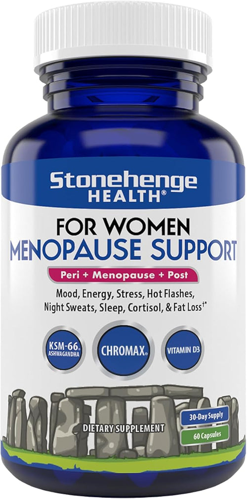 Stonehenge Health for Women Menopause Support for Peri + Menopause + Post - Mood, Energy, Stress, Hot Flashes, Night Sweats, Sleep & Cortisol, Chromax Chromium, Vitamin D3, KSM-66 Ashwagandha Extract
