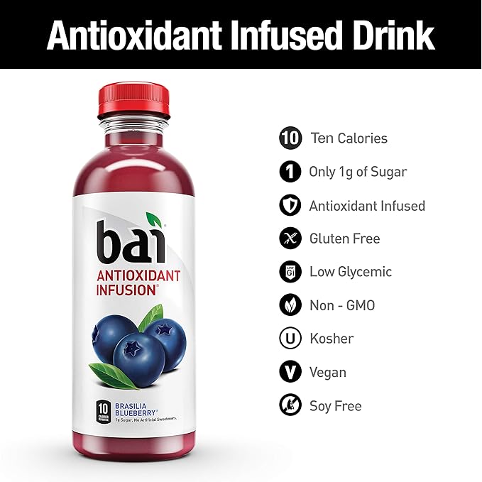 Bai Flavored Water, Brasilia Blueberry, Antioxidant Infused Drinks, 18 Fluid Ounce Bottle (Pack of 12)