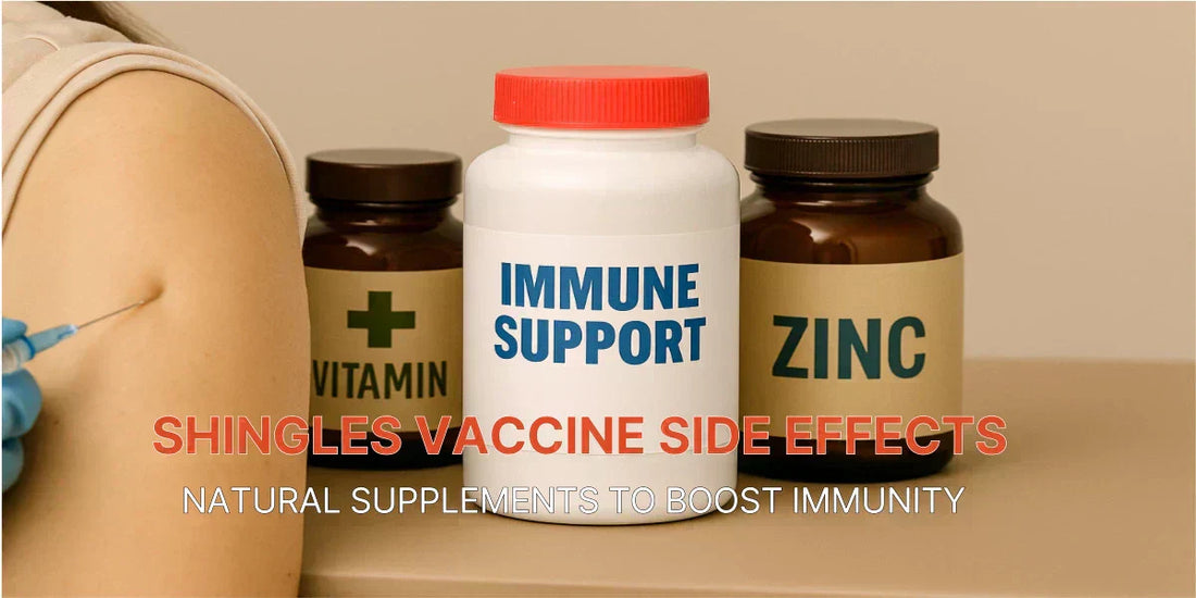 A healthcare professional gives a shingles vaccine while three supplement bottles labeled Immune Support, Vitamin C, and Zinc are placed on a table.