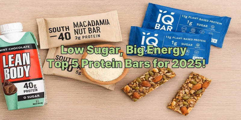 Assorted low-sugar protein bars including IQBAR and South 40 Snacks displayed with nuts and powder on a wooden surface.