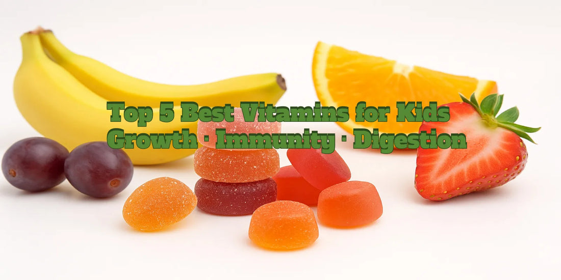 Gummy vitamins with bananas, strawberry, grapes, and orange slice on white background, representing kids’ healthy nutrition.