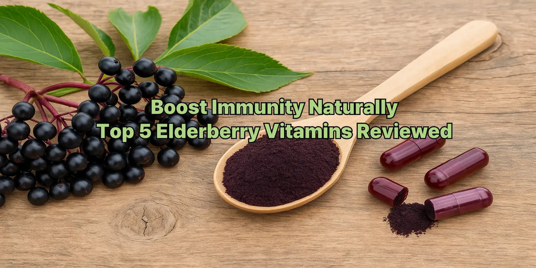 Fresh elderberries, leaves, and elderberry powder on a wooden table for immunity supplement blog.