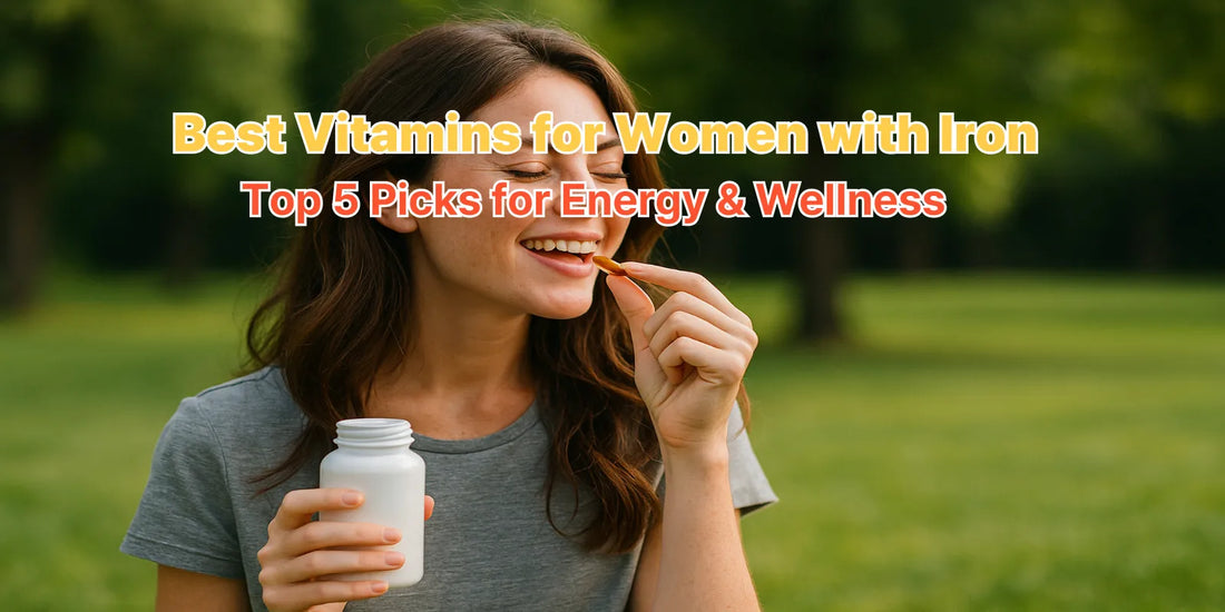 A smiling woman in a park holding a white supplement bottle and a vitamin capsule, representing the best vitamins for women with iron.