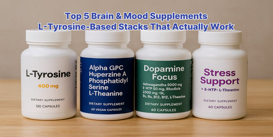 Four supplement bottles including L-Tyrosine, Alpha GPC, Dopamine Focus, and Stress Support displayed side by side on a wooden surface.