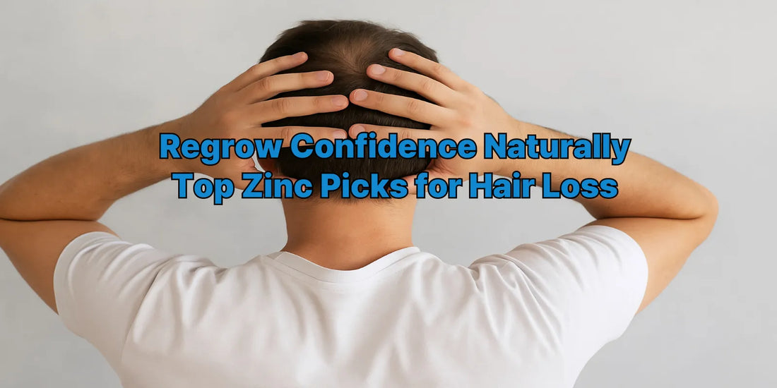 A man wearing a white shirt holds his head with both hands, highlighting concern over hair loss and the need for zinc supplement support.