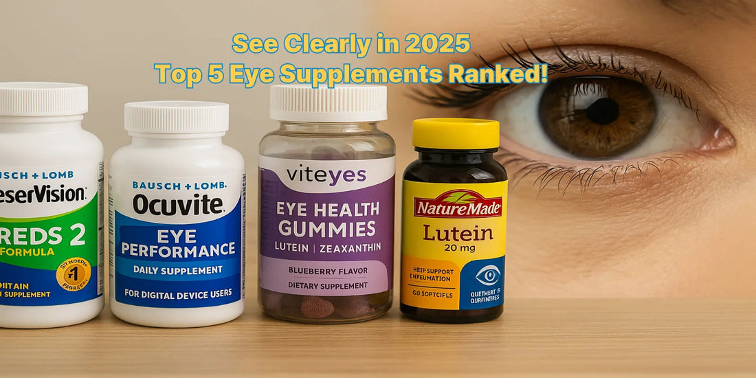 Five eye health supplement bottles from top brands are lined up on a wooden surface, with a large brown eye image in the background for visual focus.
