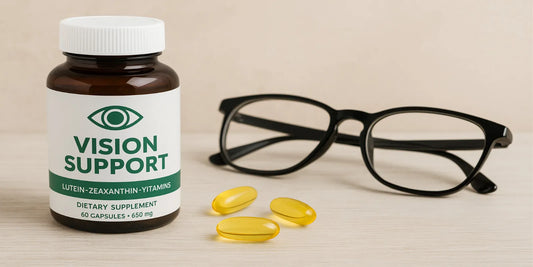 Vision support supplement bottle with three yellow softgels and black eyeglasses on a wooden surface.