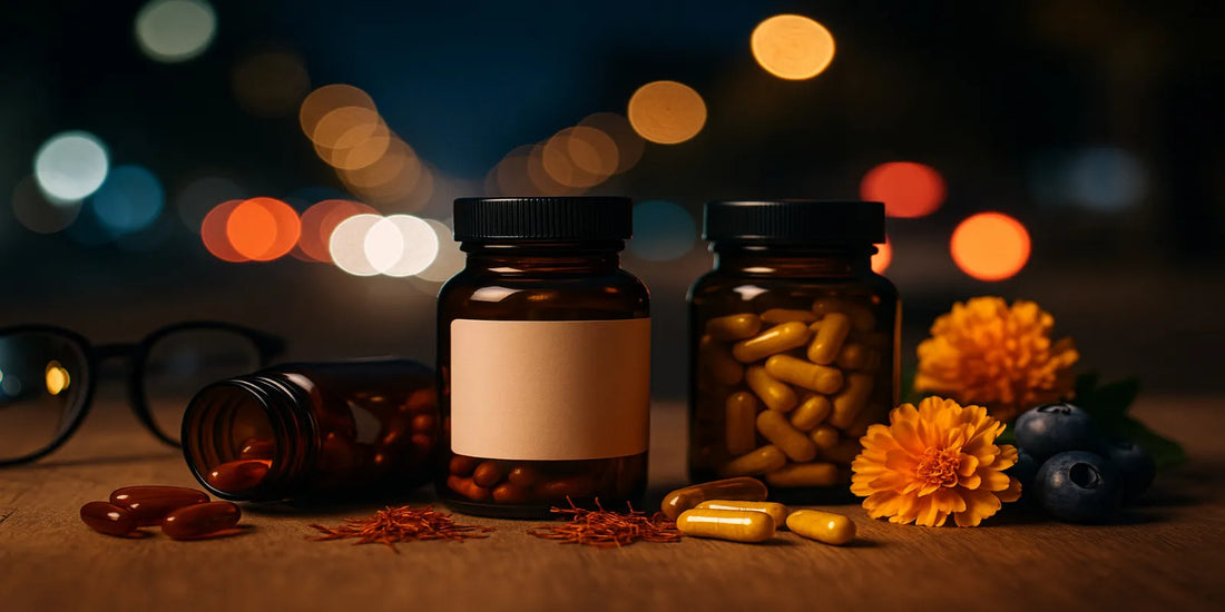 Night vision supplements: amber bottles on wood with saffron, marigolds, blueberries and eyeglasses, against a night city bokeh.