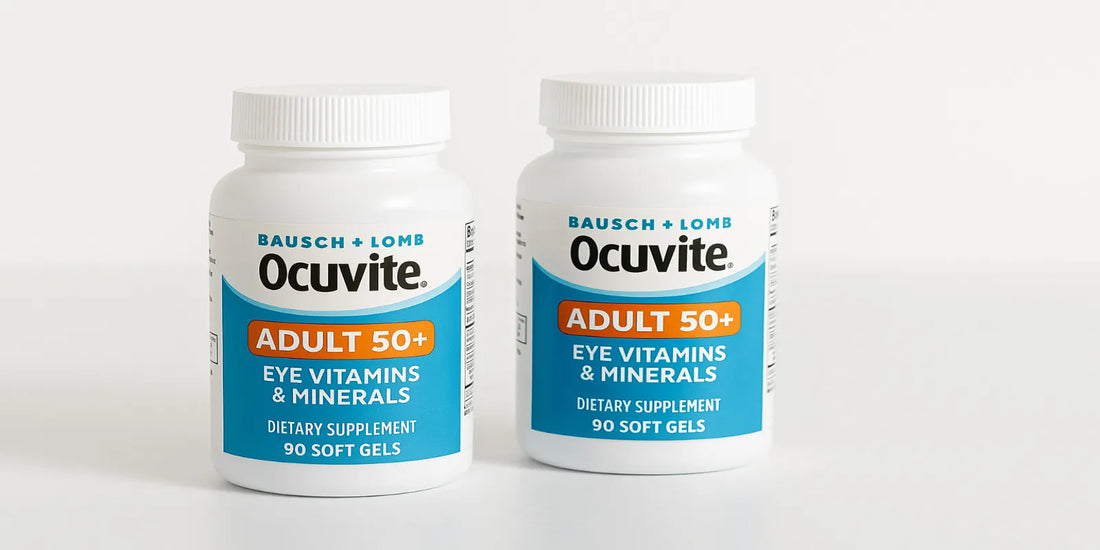 Two white bottles of Ocuvite Adult 50+ eye vitamins and minerals sit side by side on a clean white surface against a plain background.