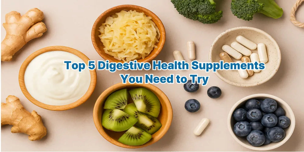 A top view of healthy probiotic foods and supplements arranged on a beige background for digestive wellness.