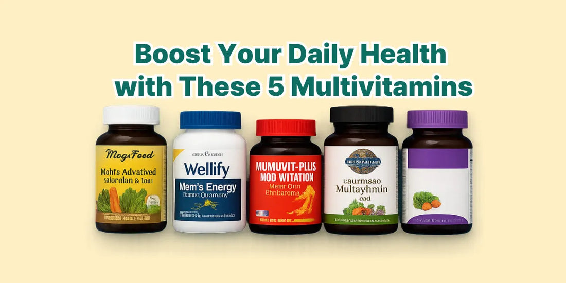 A row of five men's multivitamin bottles designed for general wellness, energy, and immunity, displayed against a clean, neutral background.