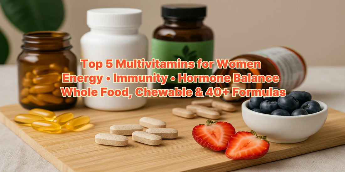 Assorted multivitamin supplements, softgels, and fresh fruits like blueberries and strawberries on a wooden board to promote women's health.