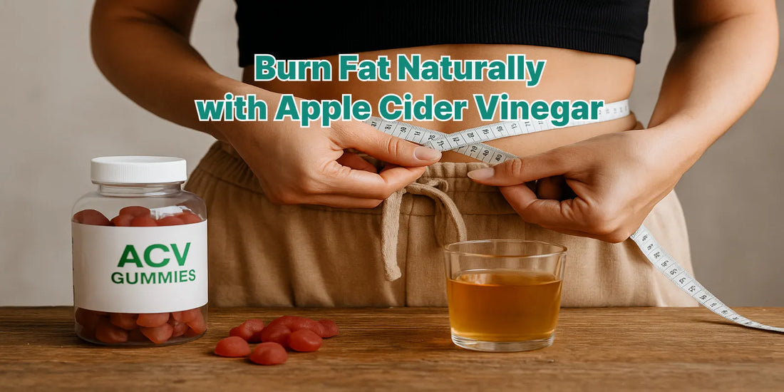 A woman measuring her waist with ACV gummies and a glass of apple cider vinegar on a wooden table, highlighting natural weight loss support.