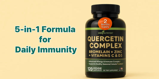 Quercetin Complex bottle with text: 5-in-1 Formula for Daily Immunity. Contains bromelain, zinc, vitamin C, and vitamin D3 for immune support.