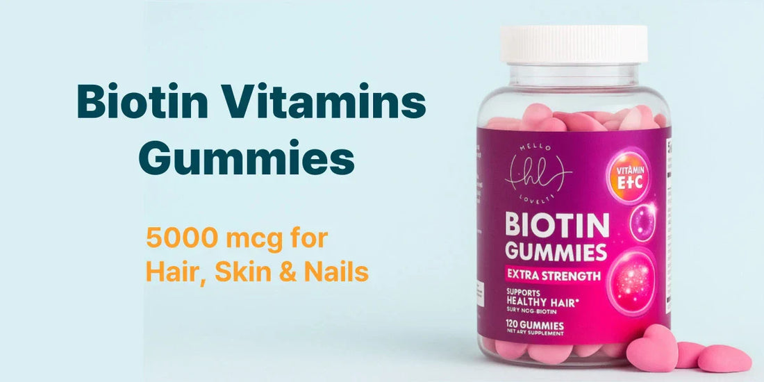 Hello Lovely Biotin Gummies bottle on a soft mint background, showing 5000 mcg biotin for hair, skin, and nails.