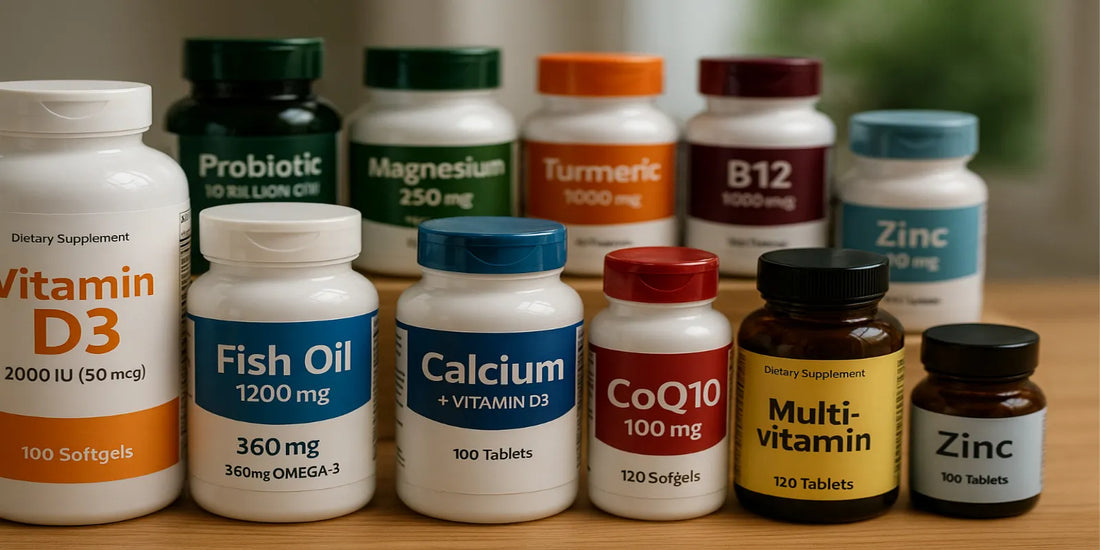 Photo of ten senior health supplements: Vitamin D3, Fish Oil, Calcium, CoQ10, Multivitamin, Probiotic, Magnesium, Turmeric, B12, and Zinc.