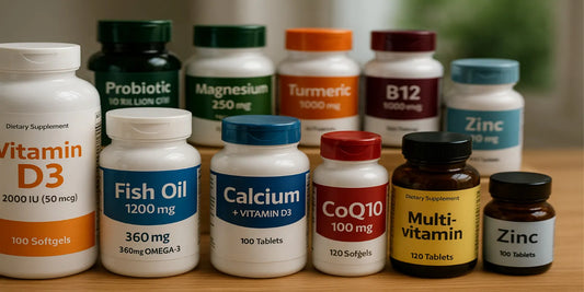 Photo of ten senior health supplements: Vitamin D3, Fish Oil, Calcium, CoQ10, Multivitamin, Probiotic, Magnesium, Turmeric, B12, and Zinc.