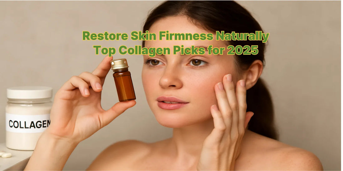 A woman gently applying collagen skincare while holding a collagen vial, with a collagen jar nearby, representing skin tightening and anti-aging.