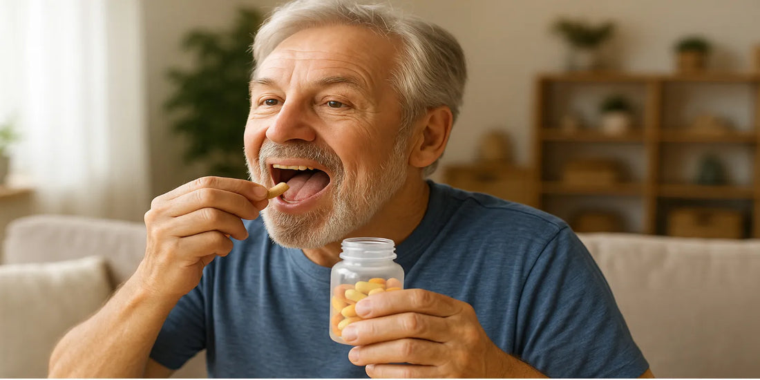 A smiling senior man in his 60s sitting indoors, holding a bottle of multivitamins and taking a supplement pill for daily energy.