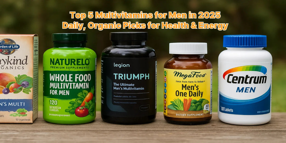 Five men's multivitamin bottles on a wooden table with a green background, featuring daily and organic supplement options for men's health.
