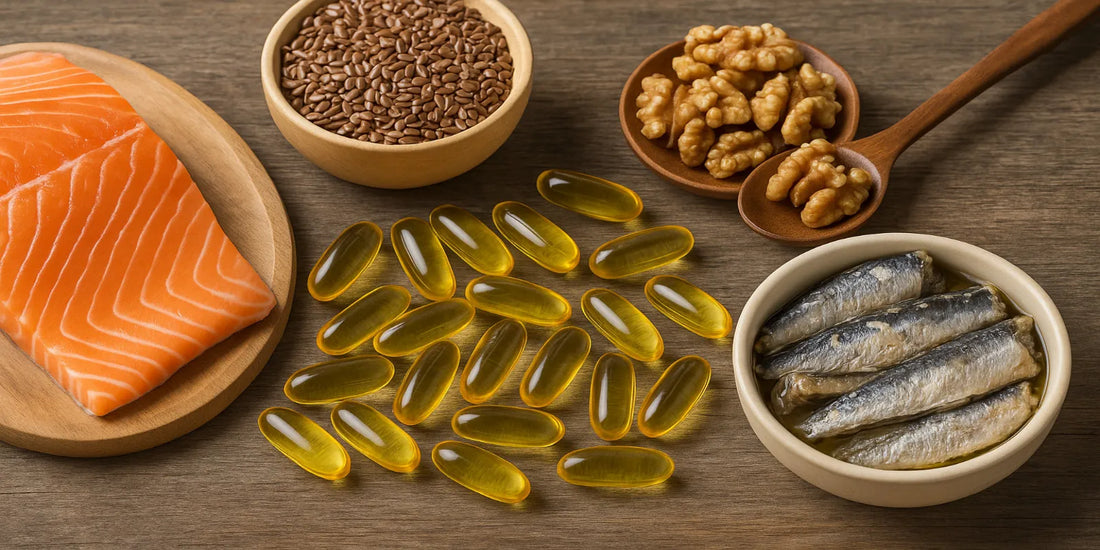 Salmon fillet, walnuts, sardines, flaxseeds, and golden Omega-3 capsules arranged on a wooden surface showcasing natural Omega-3 sources.