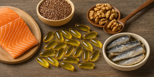 Salmon fillet, walnuts, sardines, flaxseeds, and golden Omega-3 capsules arranged on a wooden surface showcasing natural Omega-3 sources.
