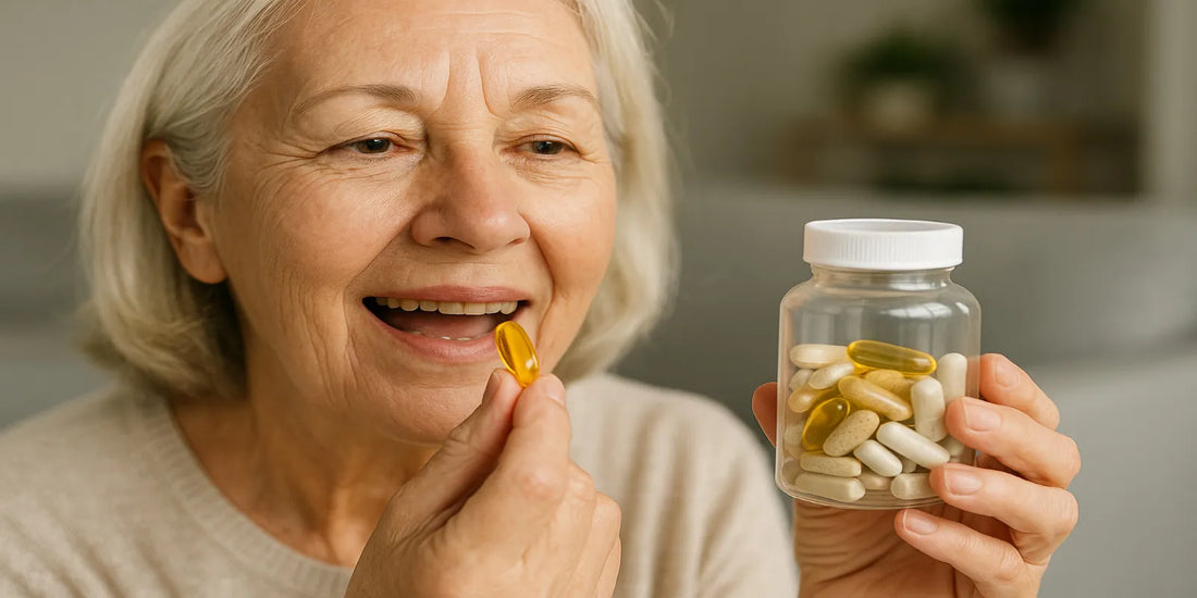 Senior woman smiling while holding a bottle of supplements and preparing to take a softgel capsule for healthy aging.