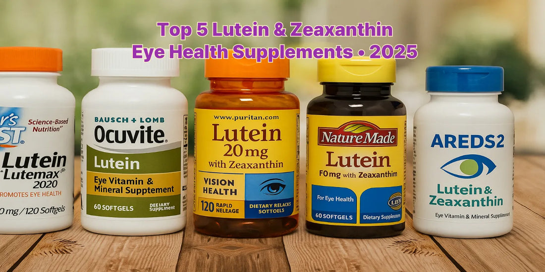 Real photo of five lutein & zeaxanthin supplement bottles on a wooden table with a soft green background, styled for a 2025 eye health review.